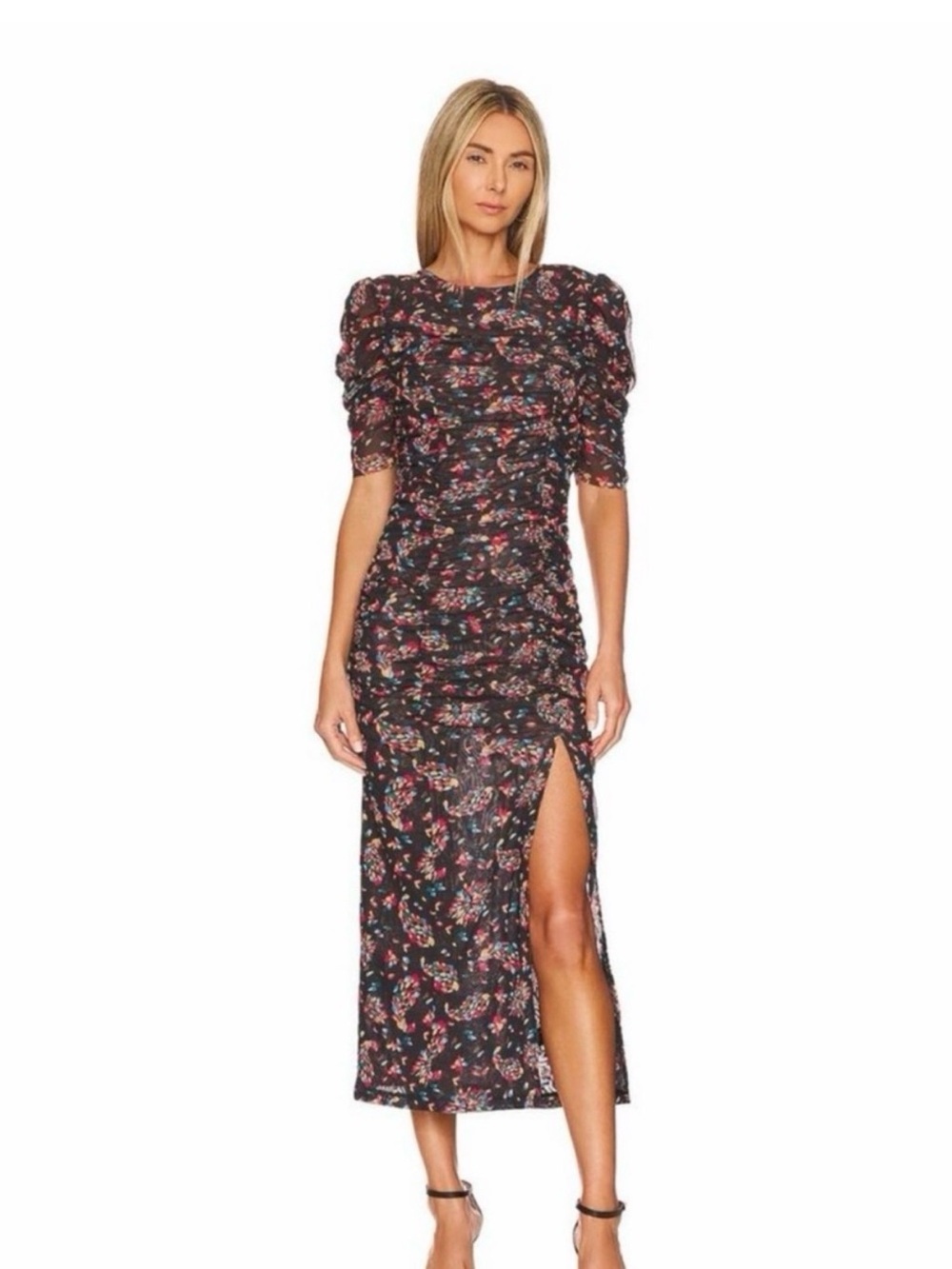 Free People Black Floral Midi Dress with Pink & Blue Accents
